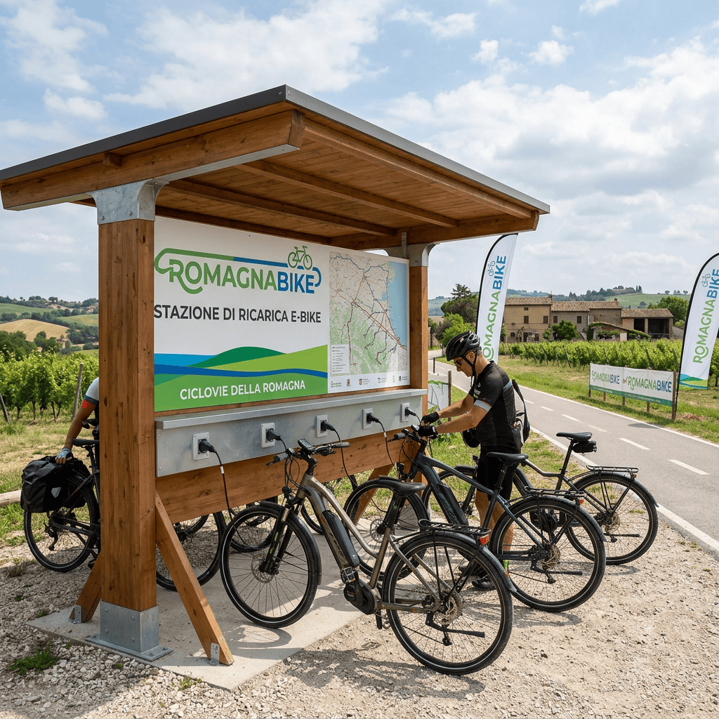 RomagnaBike e-bike charging station with cyclists plugging in bicycles outdoors