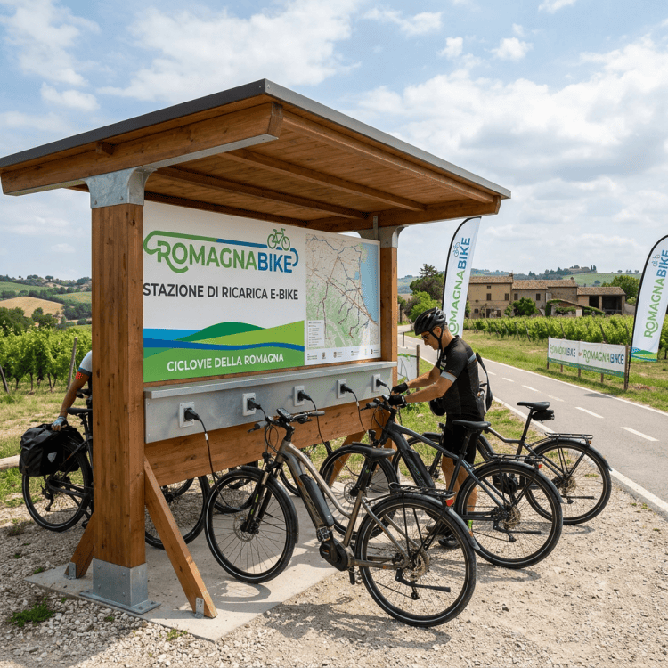 RomagnaBike e-bike charging station with cyclists plugging in bicycles outdoors