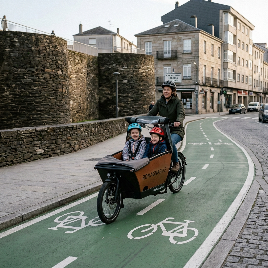 Adult riding cargo bike with two smiling children wearing helmets on dedicated bike lane