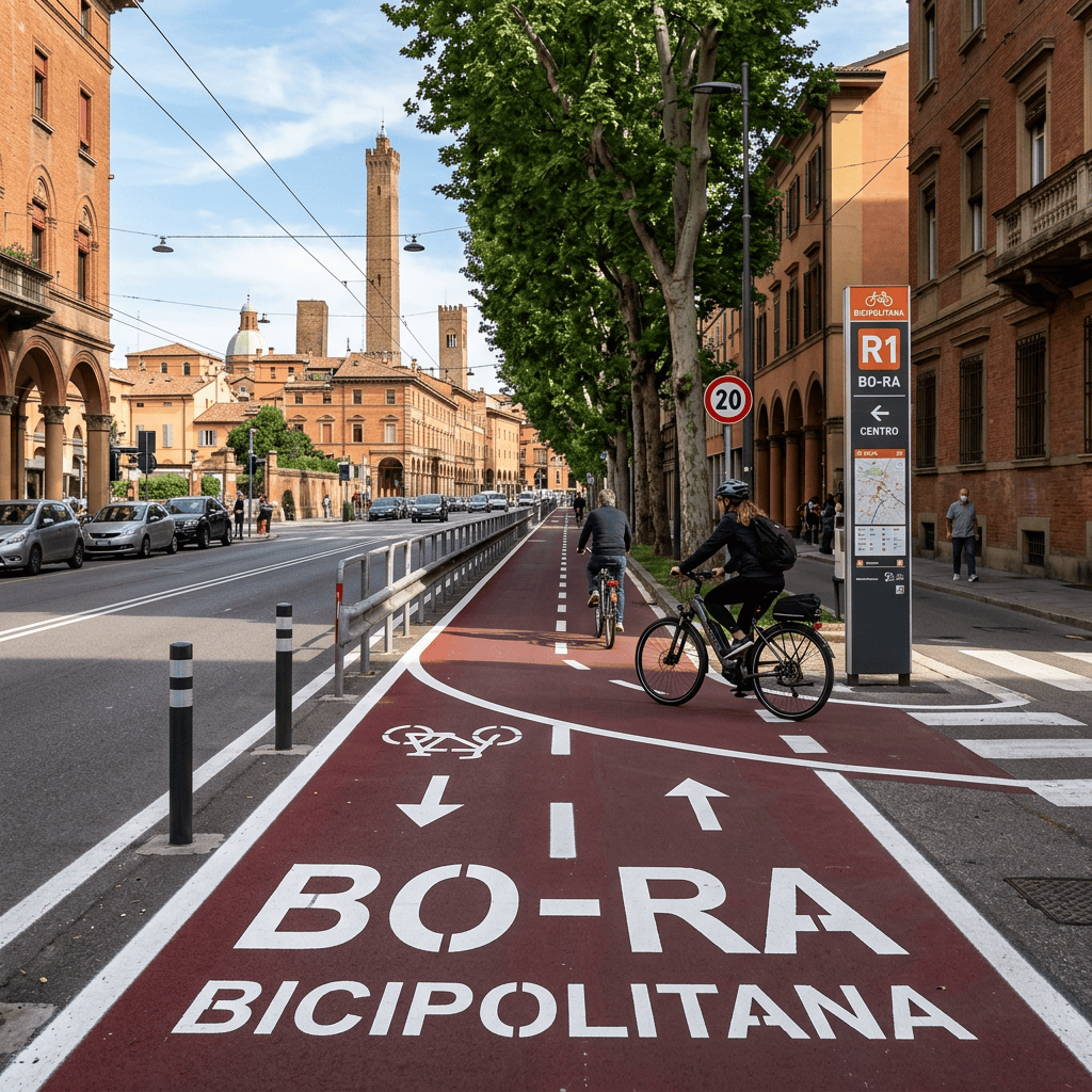 Bicyclists riding on a red dedicated bike lane in Bologna city with traffic signs and historic towers visible
